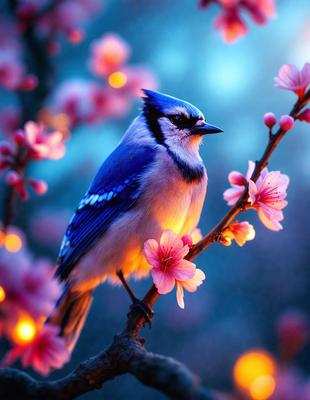 The primary subject of the image is a blue bird perched on a branch with pink flowers. The setting is a blossoming tree, and the visual style is a photo. The dominant colors are blue and pink, creating a serene and peaceful atmosphere.